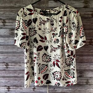 Talbots Women's Short-Sleeved Blouse Size M White Black Red Floral‎ Keyhole